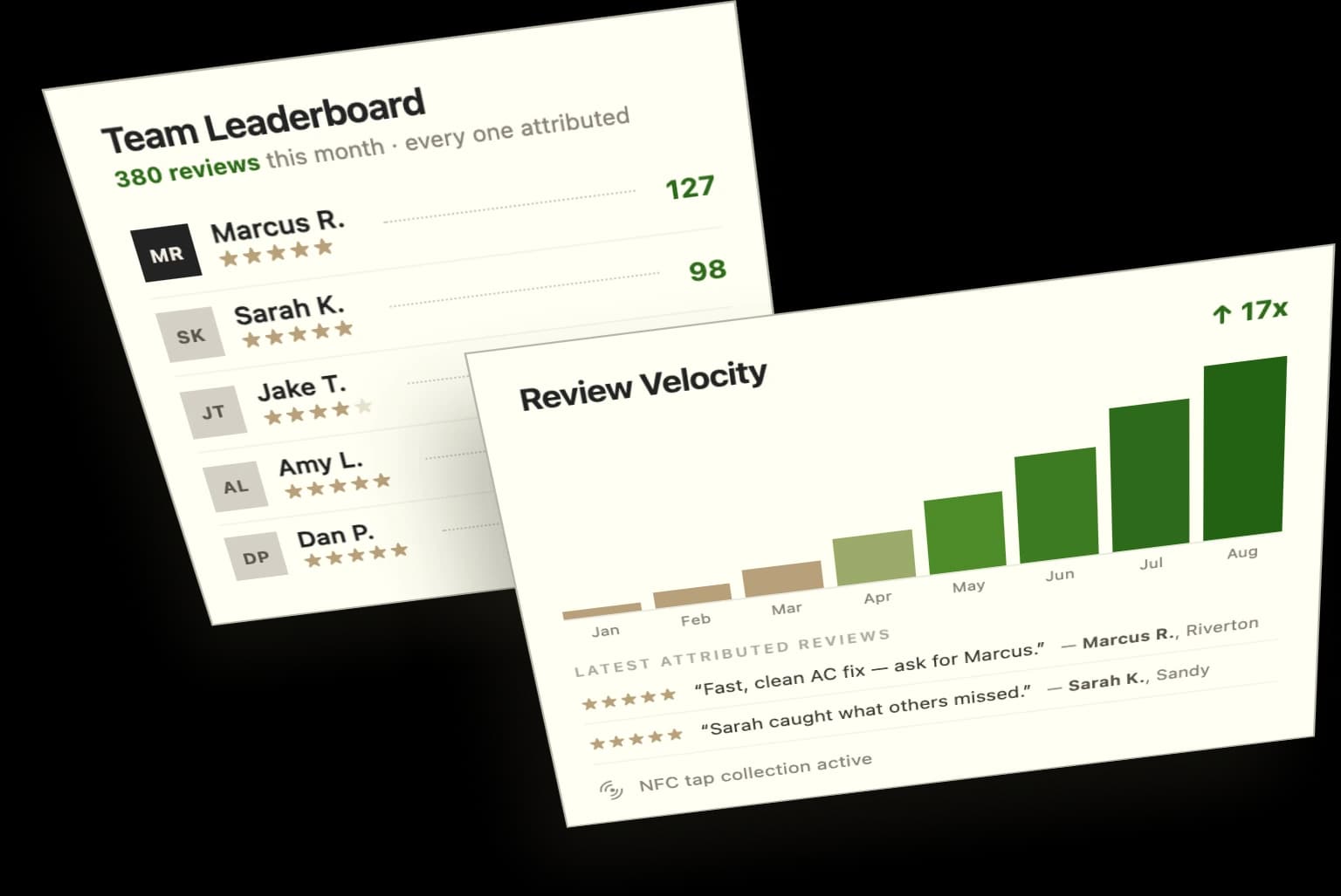 Team leaderboard and review velocity dashboard with employee attribution