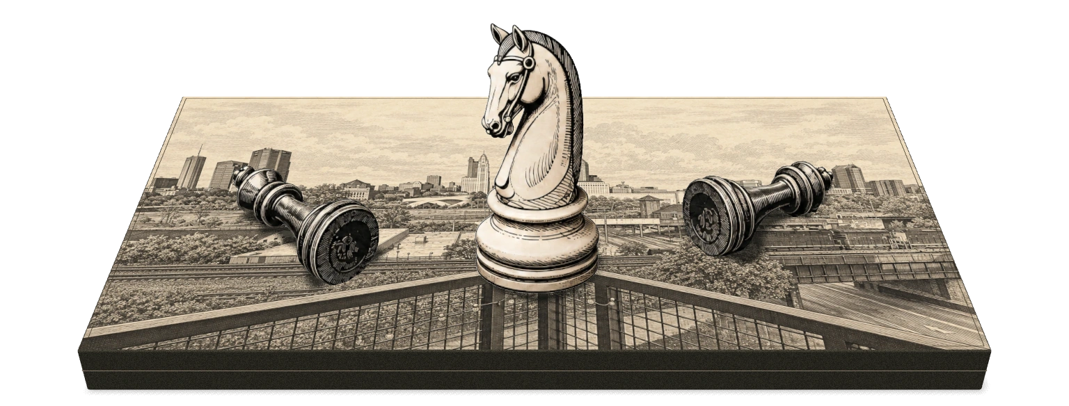 An engraved ivory knight and two resting charcoal chess pieces above an illustrated view of Columbus.