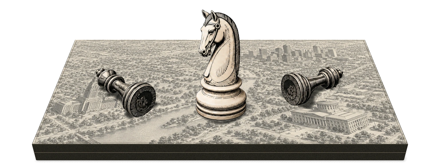 An engraved ivory knight and two resting charcoal chess pieces above an illustrated view of Columbus.
